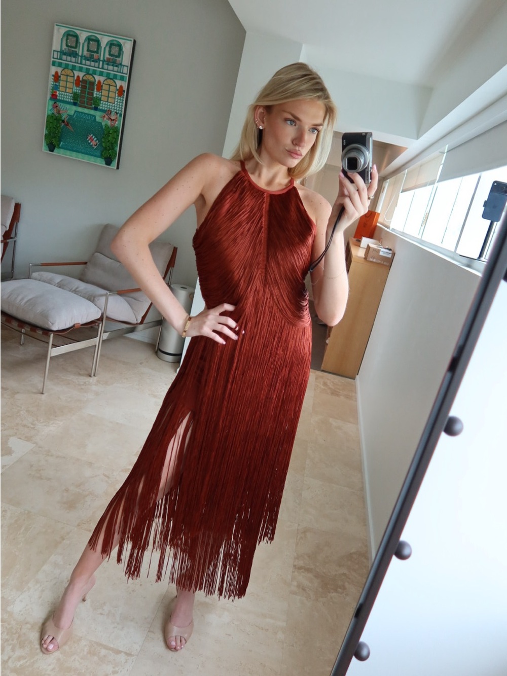 MISS ROSIER - Never Worn - Fringe Halter Midi Dress - Rust